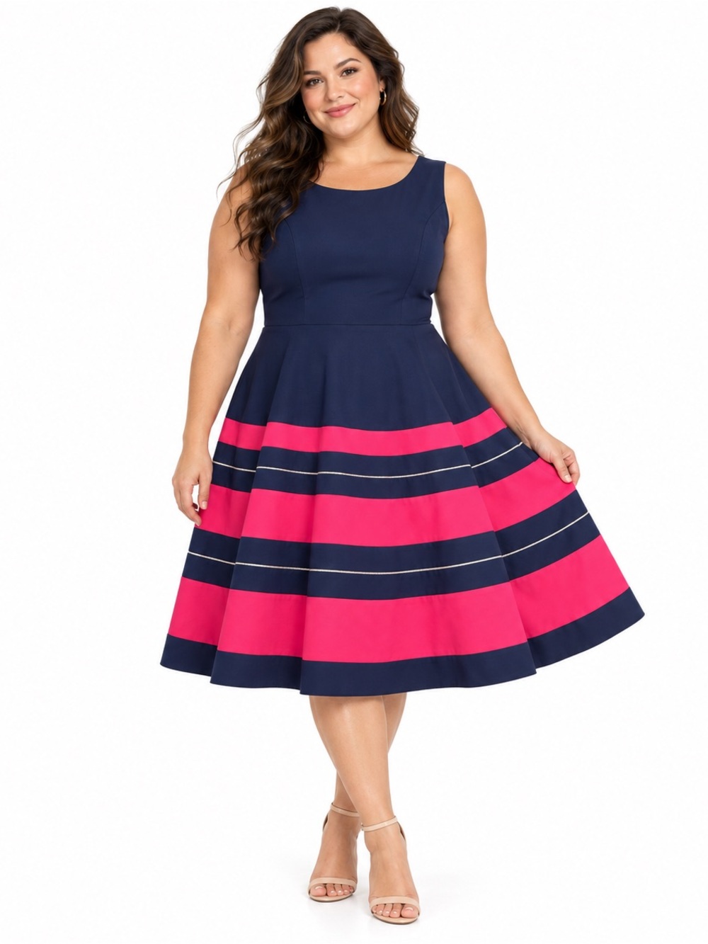 CLLER Fit Flare Dress EU 48 Navy Pink Colorblock Stripe Sleeveless Wedding Guest